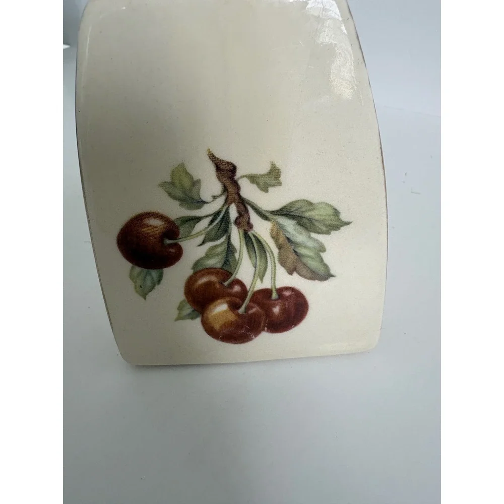 Vintage Ceramic Cherry Flat Iron Vase Planter Gold Trim Cream Retro Decor